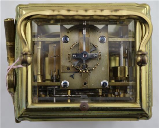 A Drocourt & Cie hour repeating brass alarum quarter repeating carriage clock, 5.75in.